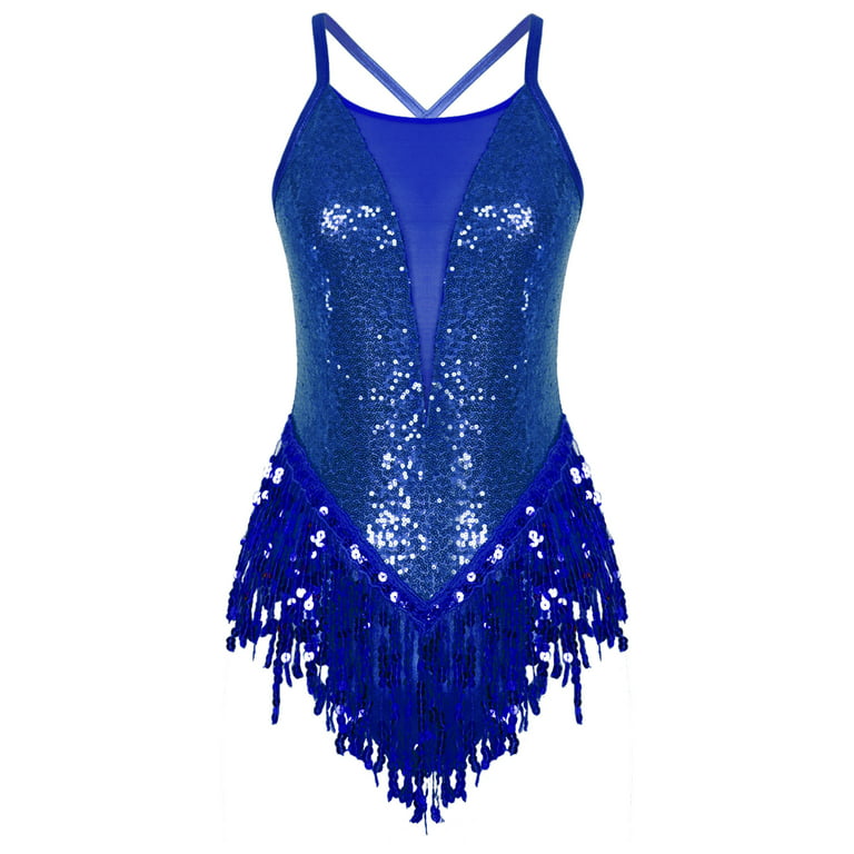 DPOIS Women's Sequin Fringe Tassel Skirted Leotards Jazz Dance Bodysuit  Costume Royal_Blue XL