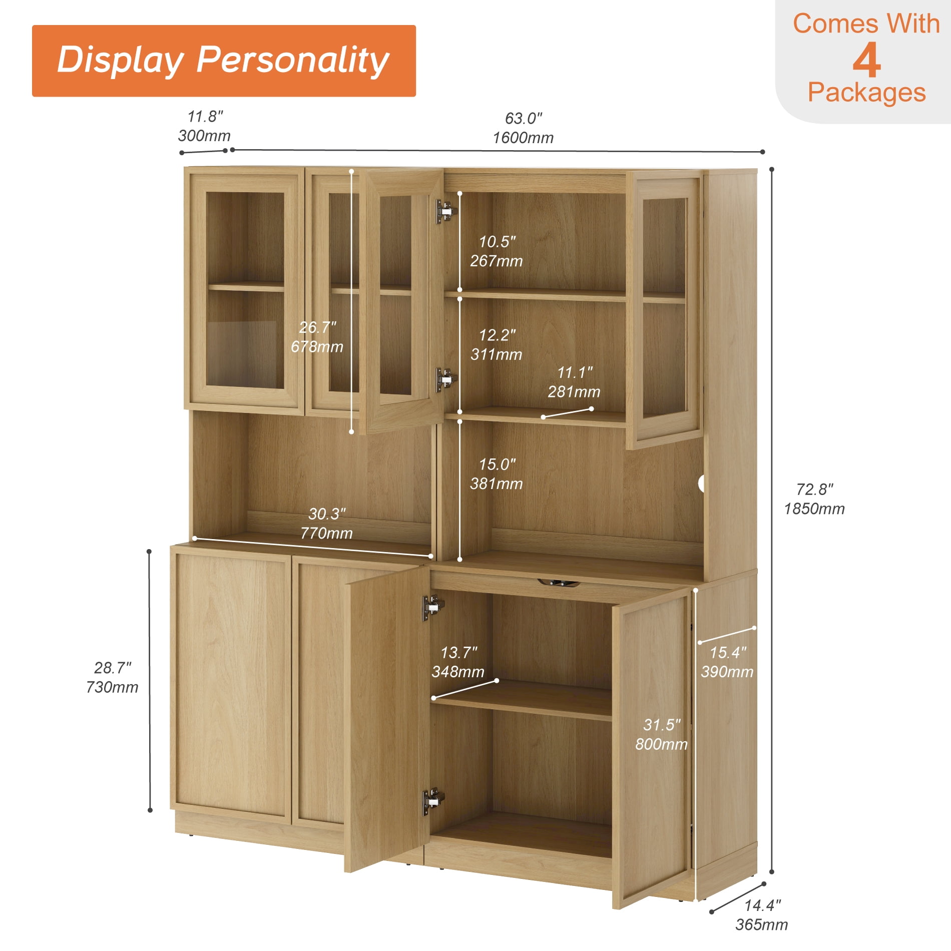 Modern Wood Sideboard Buffet with Glass Doors & Adjustable Shelves, 72" Tall Glass Display Storage Cabinet for Dining Kitchen,Oak