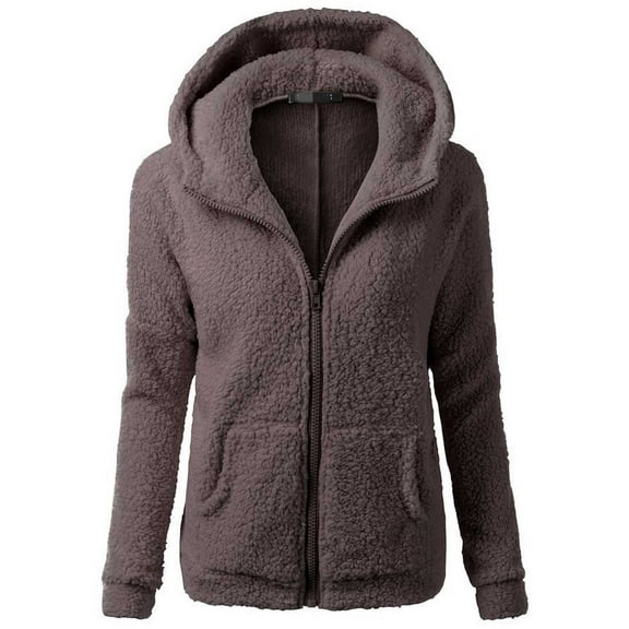 Lixiuxyad Fuzzy Fleece Hooded Coat Fleece Jacket Womens Sherpa Jacket Long Sleeve Zip Up Coat Winter Hooded Jacket Brown