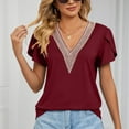 thumbnail image 3 of tklpehg Summer Tops Short Sleeve Shirts for Women Solid Color Tops Graphic Tees Loose Fit V- Neck Crochet Lace Trim Leisure Comfy Lightweight Shirts Wine S, 3 of 8
