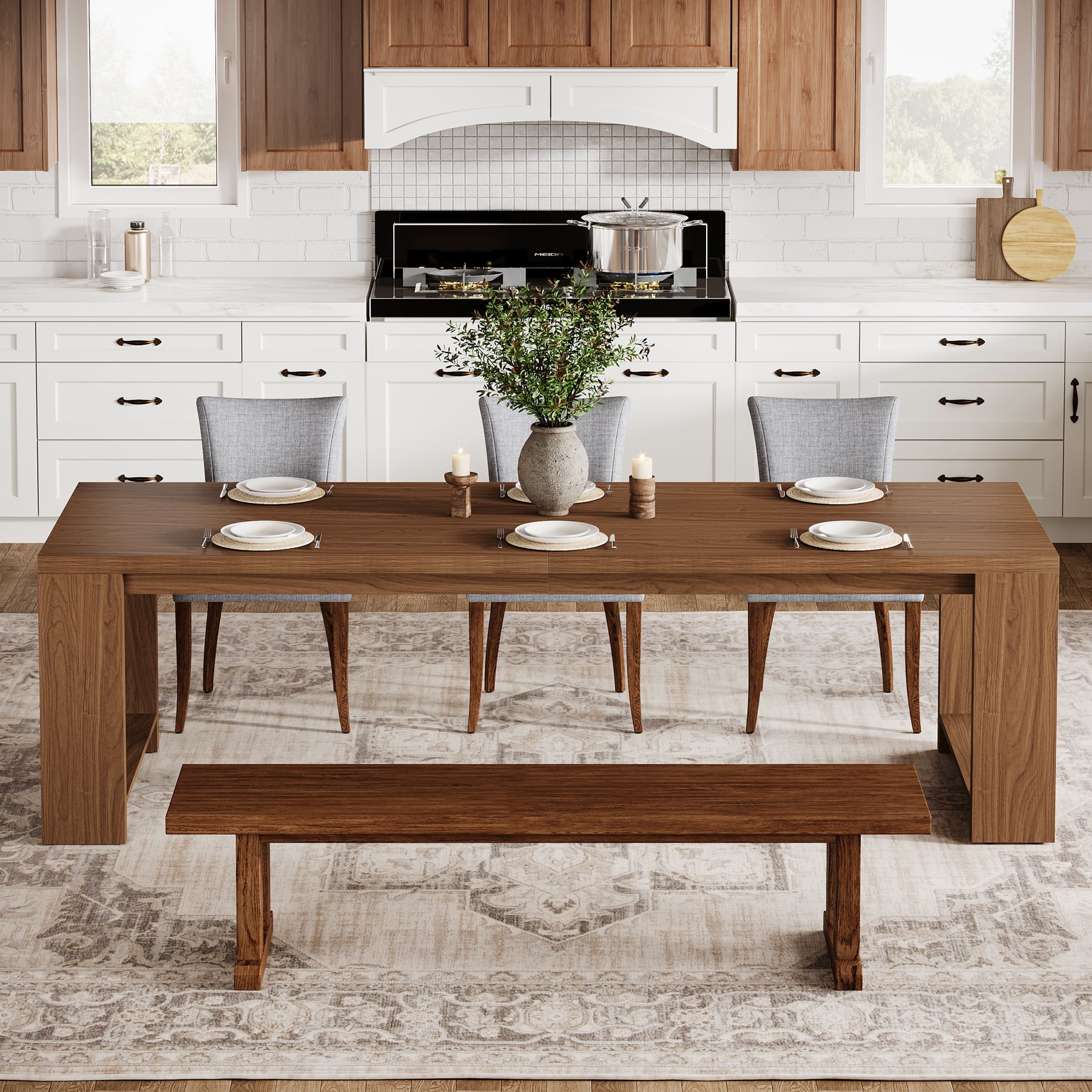 Tribesigns 86.61-inch Extra Long Dining Table for 6-8, Farmhouse Narrow Kitchen Table with Sturdy Legs, for Living Room, Dining Room, Walnut