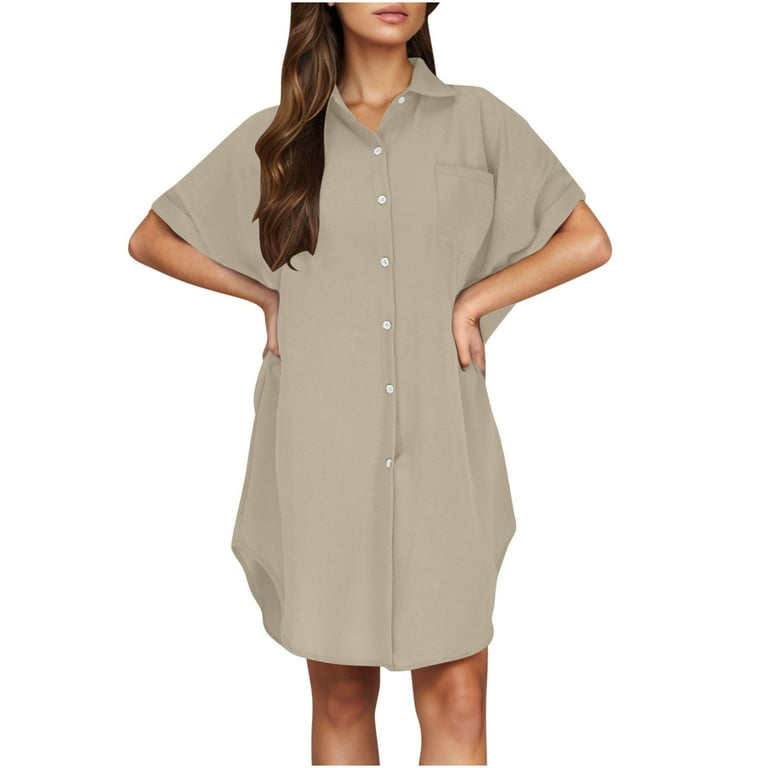 Kihout Women's Summer Button Up Shirt Dress Solid Color Lapel Short Sleeve Cotton Linen Mini Dress Beige S, Size: Small Kihout Women's Summer Button Up Shirt Dress Solid Color Lapel Short Sleeve Cotton Linen Mini Dress Beige S, Size: Small