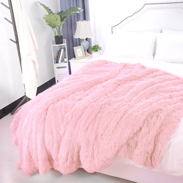 Unique Bargains Reversible Shaggy Faux Fur Blanket for Couch Pink Queen