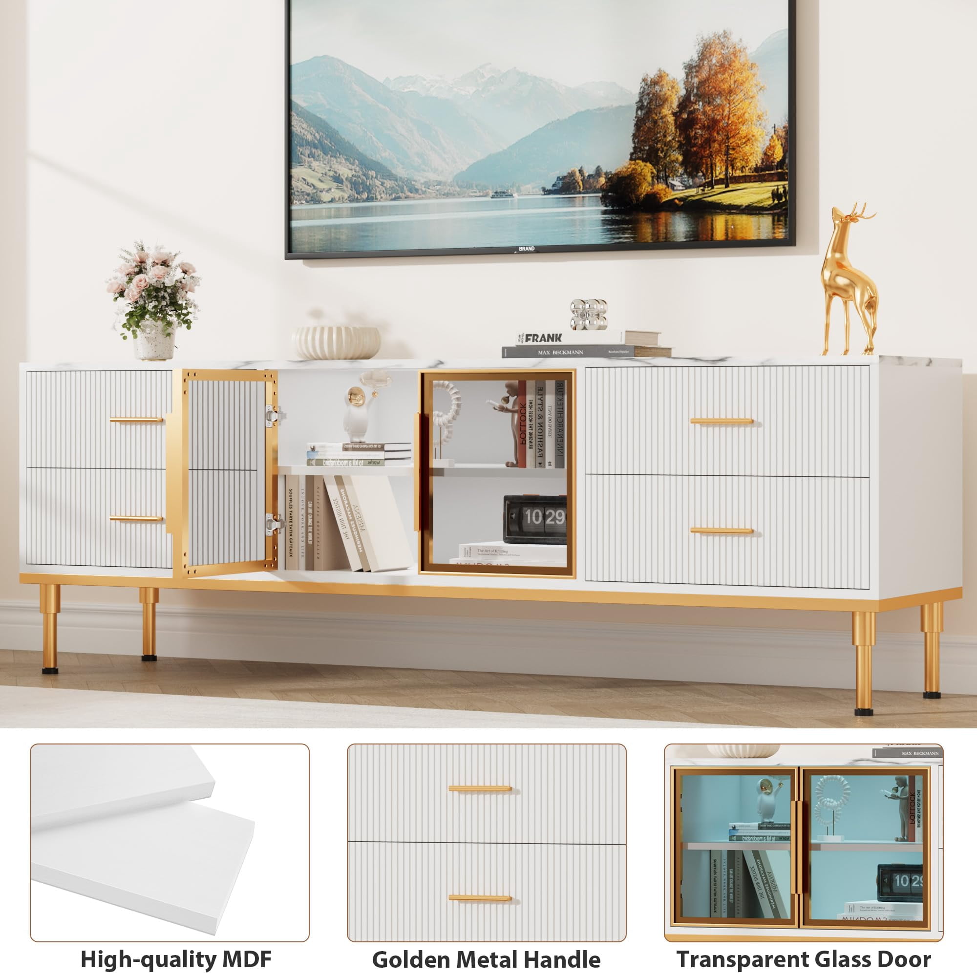 Kojooin Contemporary 65 Inch TV Stand Featuring LED Lights, Spacious Drawers, and Marble-Like Tabletop: Perfect Entertainment Center for Large TVs