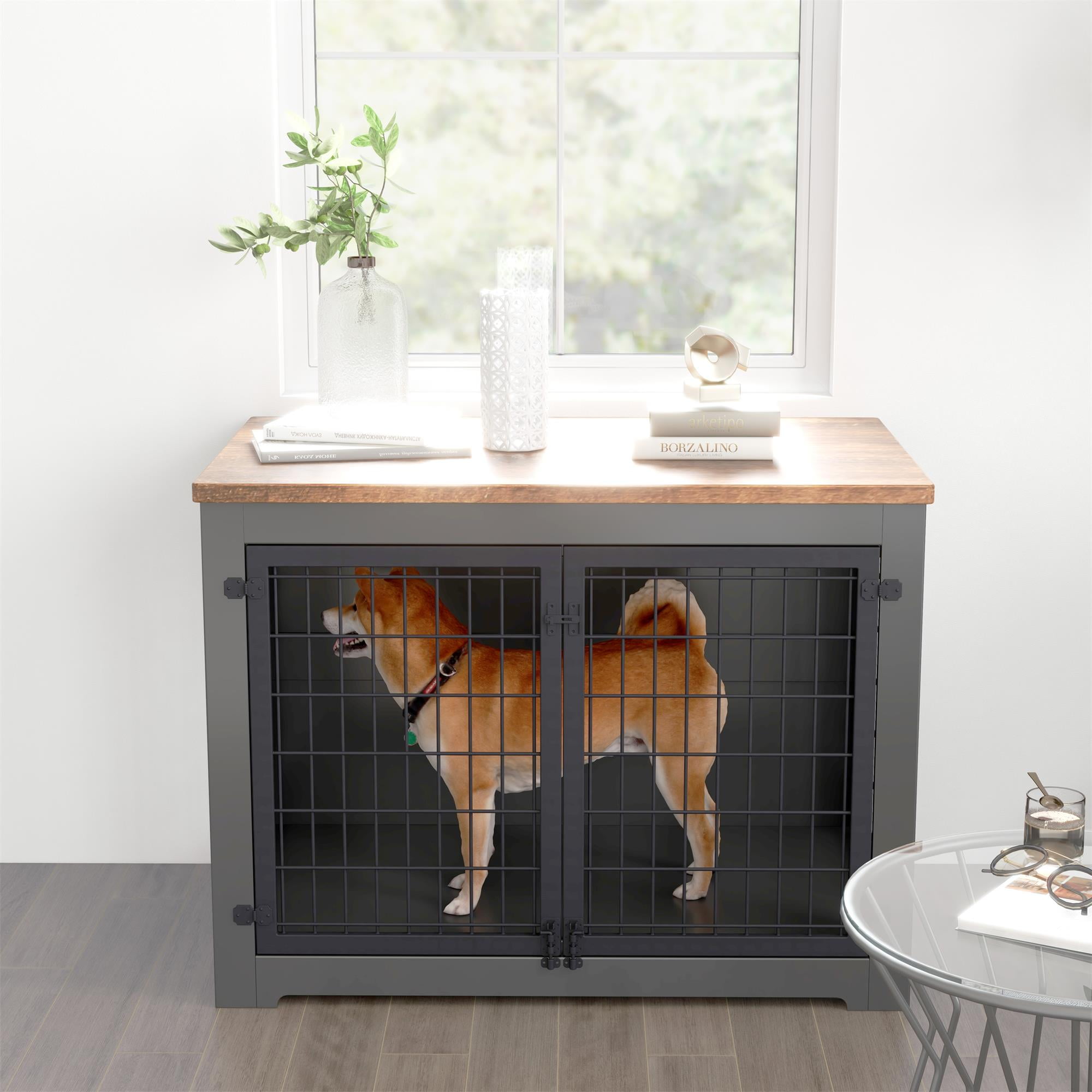 Pefilos 40" Dog Crate Furniture for Small Dogs with Door Lock and Double Doors, Wood Iron Fence Dog Cage for Indoor, Black Pefilos 40" Dog Crate Furniture for Small Dogs with Door Lock and Double Doors, Wood Iron Fence Dog Cage for Indoor, Black