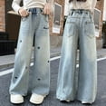 thumbnail image 4 of WMQPNNS Girls Lined Wide Leg Jeans Pants with Pockets Girls Wide Leg Pants Size 16 High Waist Denim Pants Straight Washed Streetwear Y2k Trousers(Size 9-10 Years, 4-Blue), 4 of 9