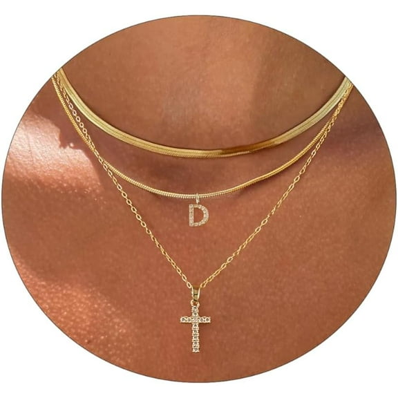 Layered Gold Necklaces For Women，Stackable 14K Gold Plated Tiny Initial Necklaces Simple Cz Cross Necklace Dainty Layered Necklace Different Length Pendant Necklace Gold Jewelry Set For Wome[o5911]