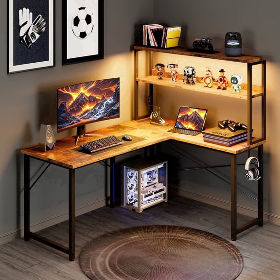 Casacomoda L Shaped Gaming desk, 43 Inch Computer Desk with Shelves, Reversible Display Shelf Corner Desk with Led Light & Charging Station, Vintage