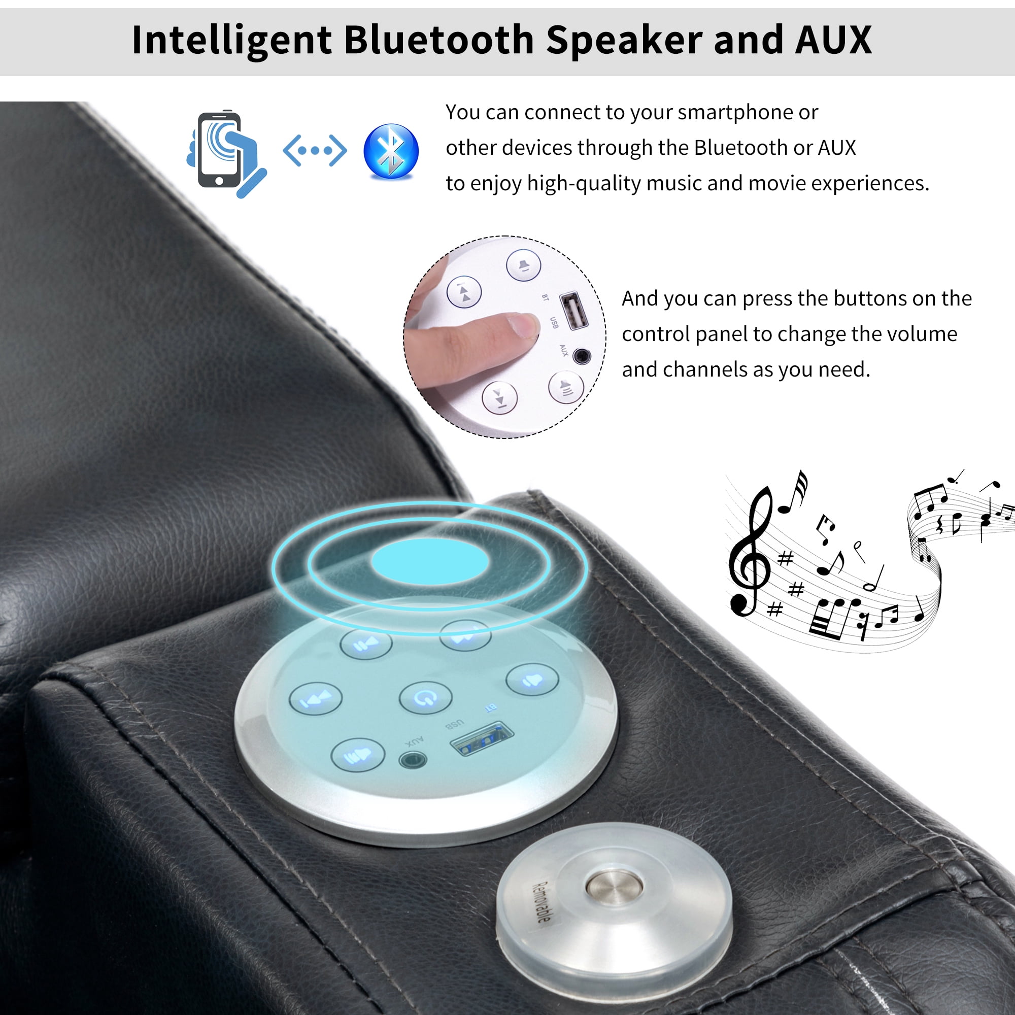 EUROCO PU Leather Home Theater Recliner,Power Recliner Adjustable Recliner with Bluetooth Speaker ,USB Ports, Tray Table, Arm Storage, footrest, Cup Holder and LED Lights, Black
