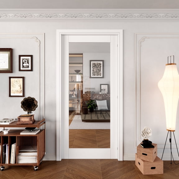 36" x 80" Interior Clear Glass Door Slab 1-Lite Modern Pantry Door Solid Core Manufactured Wood Primed Standard Door Without Hardware