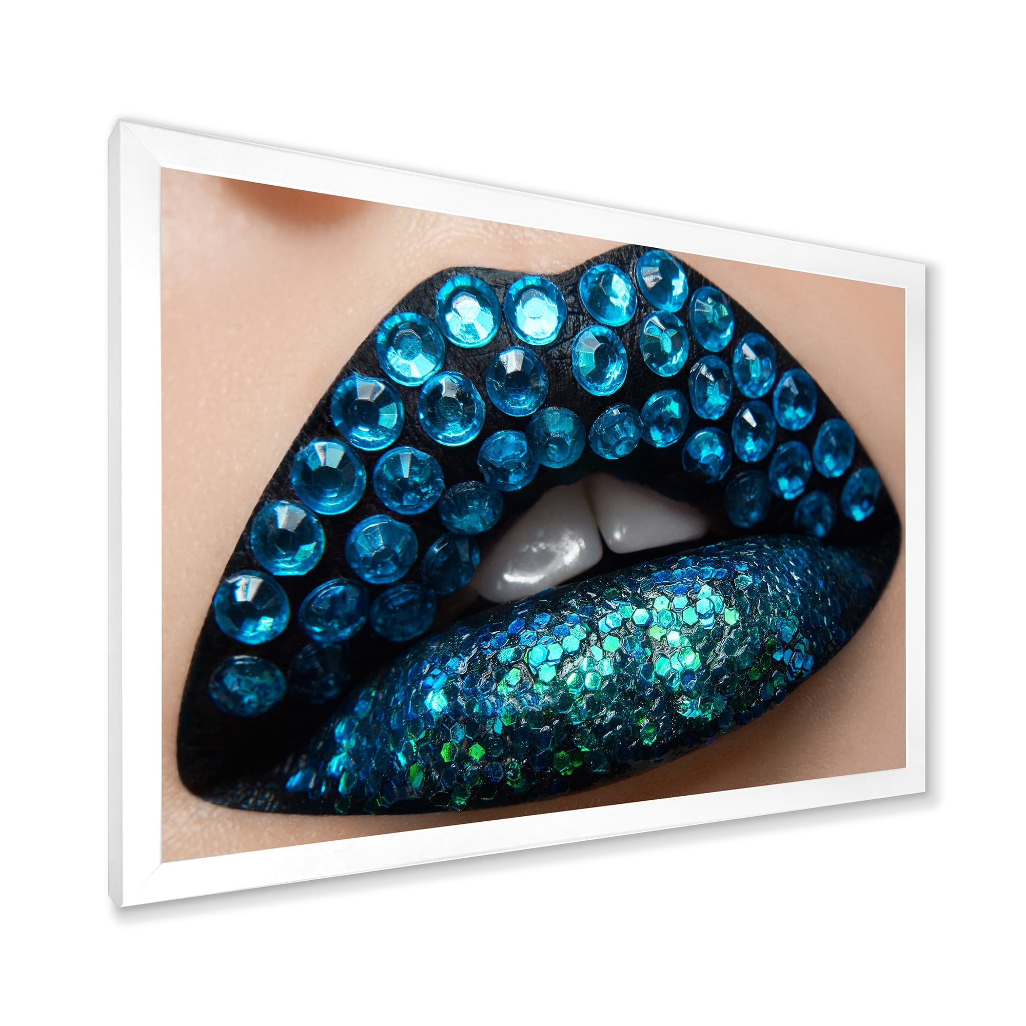 Designart 'Woman Lips With Black Lipstick Blue Diamonds' Modern Framed Art Print