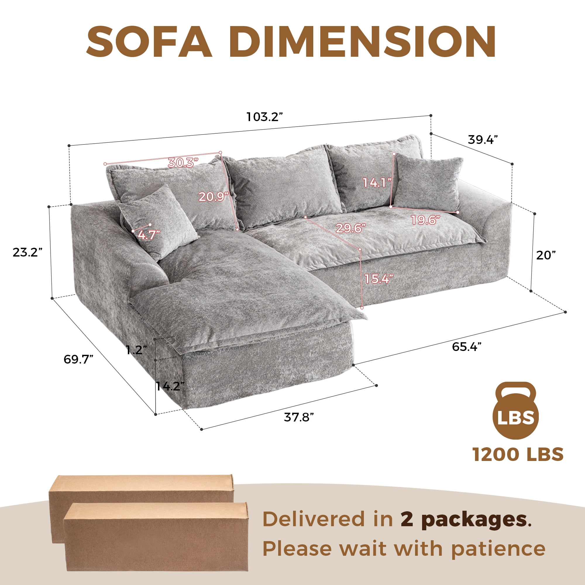 LEHZROAJ 103" Chenille Compressed Sofa,L Shaped Sectional Couch Pillows No Assembly Required for Living Room(Gray,Left)