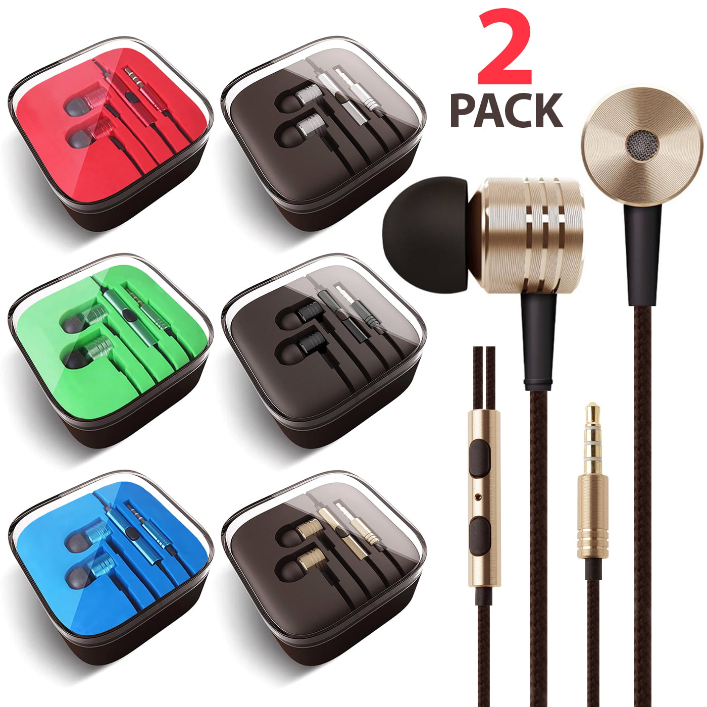 2x Pack 3.5mm Headphones In-Ear Earbuds Afflux Universal Stereo Headset Earphones For Cellphone Tablet iPhone 6 6S 5S SE 6/6S Plus Earbuds iPod iPad Samsung Galaxy S9 S8 S7 S6 Note 5 Note 8 9 LG Stylo