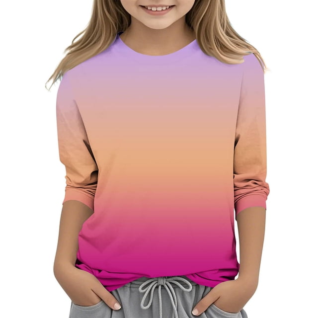 WRKEKC Chandails à Manches Longues pour Filles, T-Shirts à Manches Longues pour Filles, Hauts/chemise à Col Rond à Manches 3/4 Unis Tendance pour Enfants