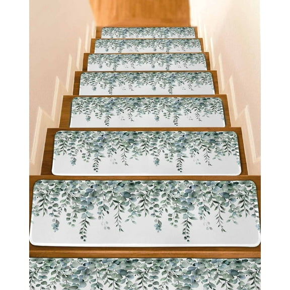 Green Eucalyptus Leaves Stair Treads for Wooden Steps Indoor Runner Rug Carpet, Summer Botanical Watercolor 4 Pieces Peel and Stick Staircase Step Treads Covers Washable Throw Door Mats, 30"x8"