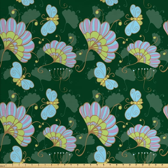 Floral Upholstery Fabric by the Yard, Abstract Cartoonish Illustration with Butterflies and Flowers Cheerful Spring Image, Decorative Fabric for DIY and Home Accents, Multicolor by Ambesonne