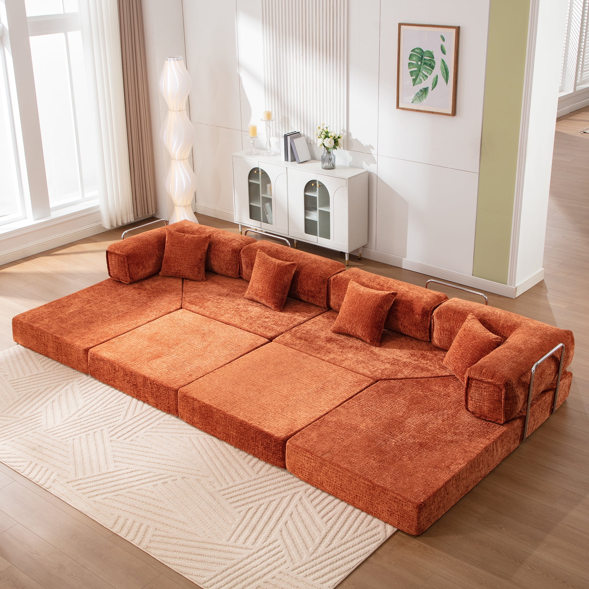 COOLHUT 106.3" W Combination Floor Sofa, High Density Sponge Sofa Couch, Modular Sectional Sofa L-Shape Cheillen Couch with Chaise, Big Comfy Sleeper Floor Sofa for Living Room, Reddish Brown