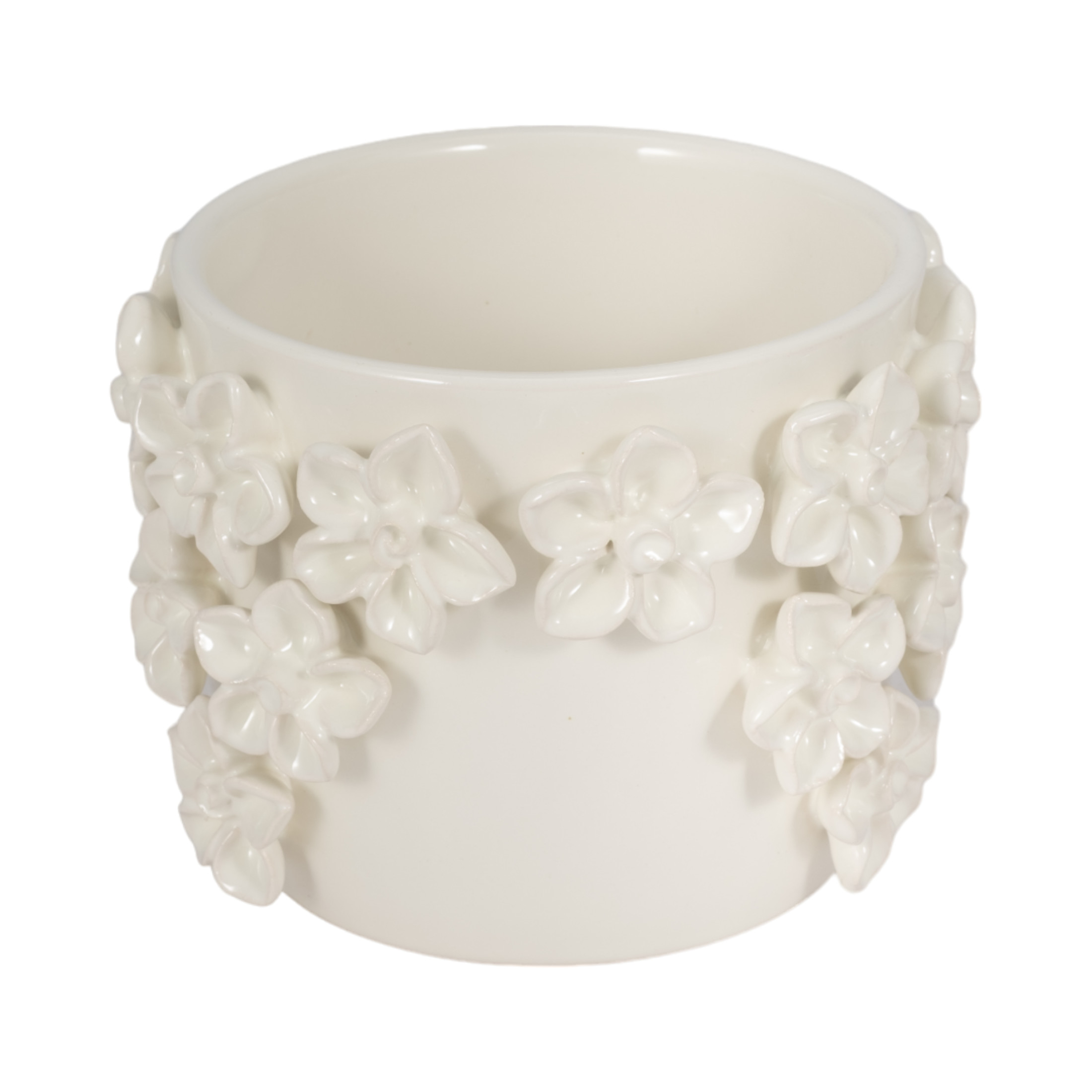 Elegant Round Flower Pot for Home Decor - Ceramic Planter with 3D Floral Design for Indoor Plants - Decorative Stoneware Planters for Outdoor Garden Style, Patio, and Entryway - 6", Ivory & Tan