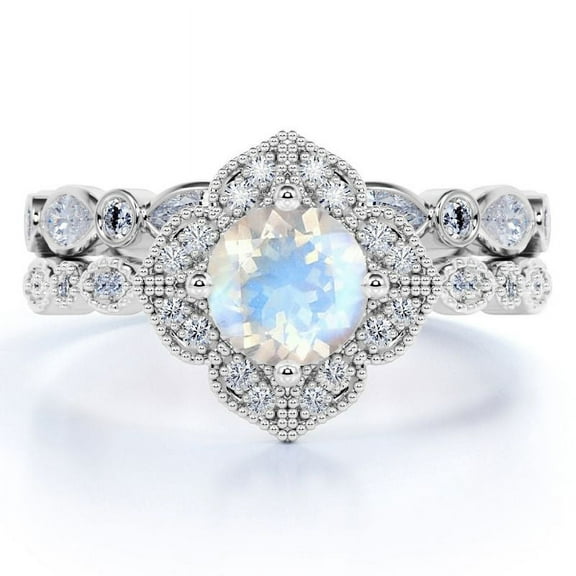 JeenMata 1.5 carat Round Faceted Rainbow Moonstone and Moissanite Antique Bridal Ring Set in 18k White Gold over Silver