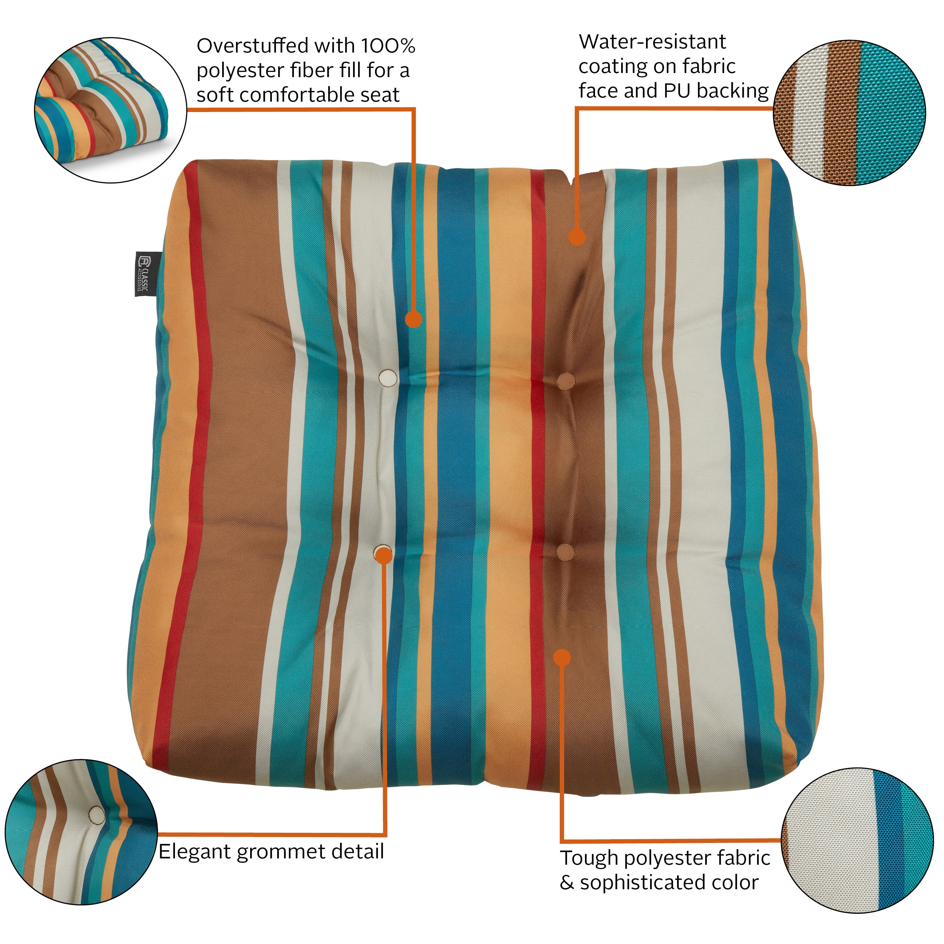 Classic Accessories Water-Resistant Square Patio Seat Cushions, 19 x 19 x 5 inch, SanteFe Stripe, 2 Pack