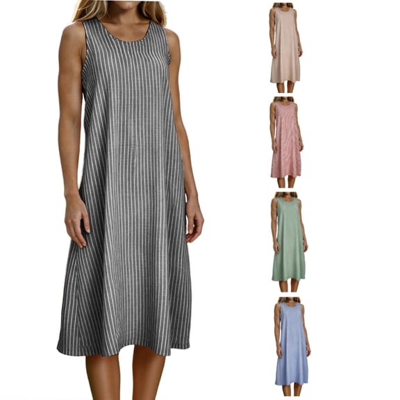 XUNKUSGA Summer Dresses for Women Fashion Loose Vertical Striped Maxi Dress Classic Cotton Linen V Neck Sleeveless A Line Dresses for Beach,Work,Vacation,Green