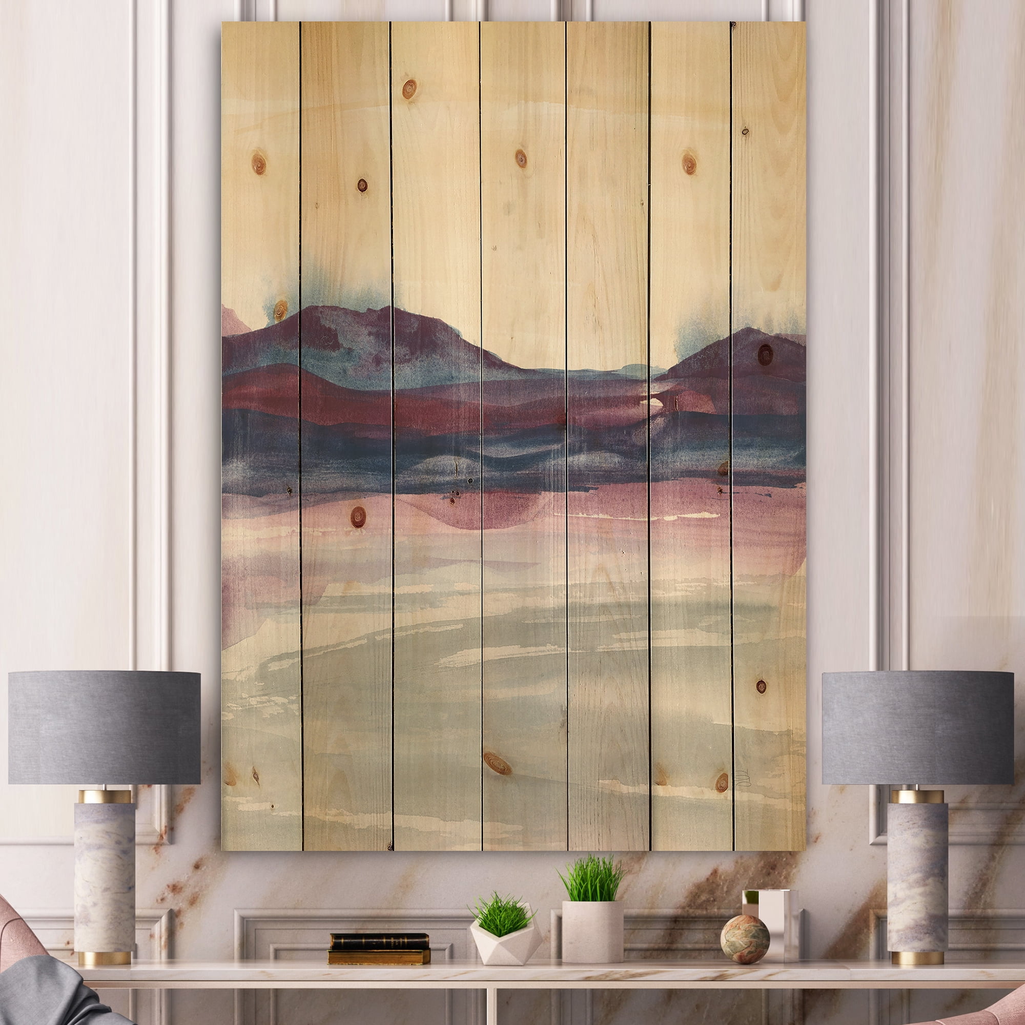 Designart 'Shabby Watercolor on Purple II' Shabby Chic Print on Natural Pine Wood