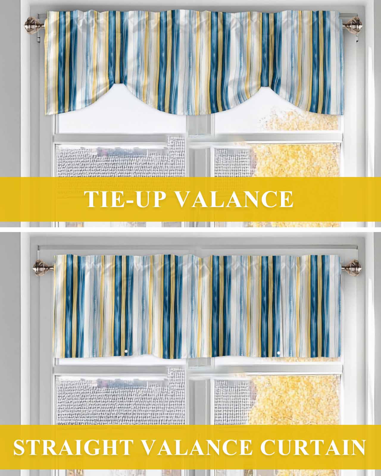 Vintage Stripes Tie Up Valances Curtain, Blue Yellow Striped Abstract Lines Gradient Kitchen Valances for Windows Decor, Rod Pocket Short Curtains Set for Bedroom/Bathroom, 54"x18"