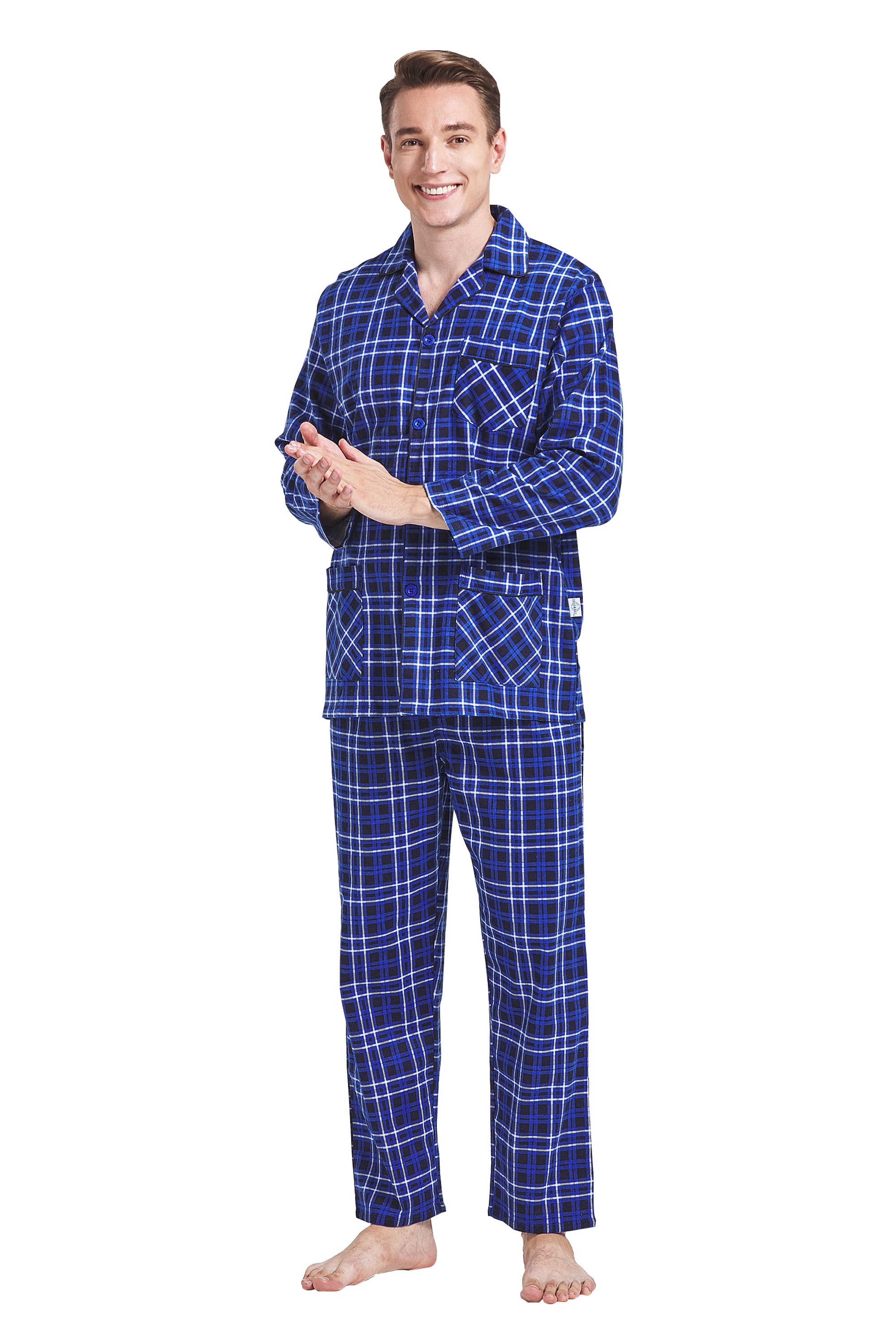 GLOBAL Men's Pajamas Sets 100% Cotton Flannel Sleepwear Long-Sleeve Top ...