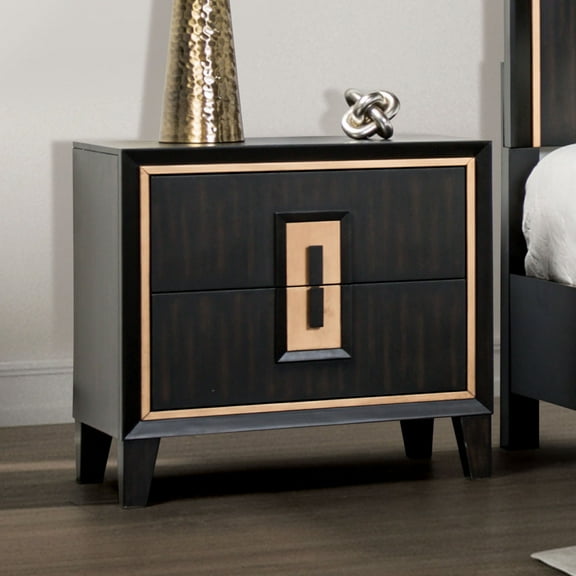 Modern Espresso Nightstand – 27"W x 17"D x 26.5"H Sophisticated Bedside Table with Gold Accents & 2 Drawers