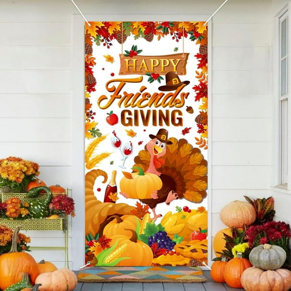 Happy Friendsgiving Door Cover Banner,Large Fall Maple Leaves Turkey Pumpkin Thanksgiving Decor for Indoor Outdoor Friendsgiving Themed Door Banner Fall Party Decorations Supplies,70x35in