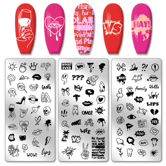 3pcs Love Heart Lips Nail Stamper 96 Patterns Nail Stamping Plate Greetings Comic rases Nail Art Stencils Stainless Steel Nail Image Plates
