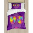 thumbnail image 1 of Retro Duvet Cover Set Twin Size, Psychedelic Style Portrait of a Girl in Sunglasses with Rainbow Swirls, Decorative 2 Piece Bedding Set with 1 Pillow Sham, Violet and Multicolor, by Ambesonne, 1 of 3