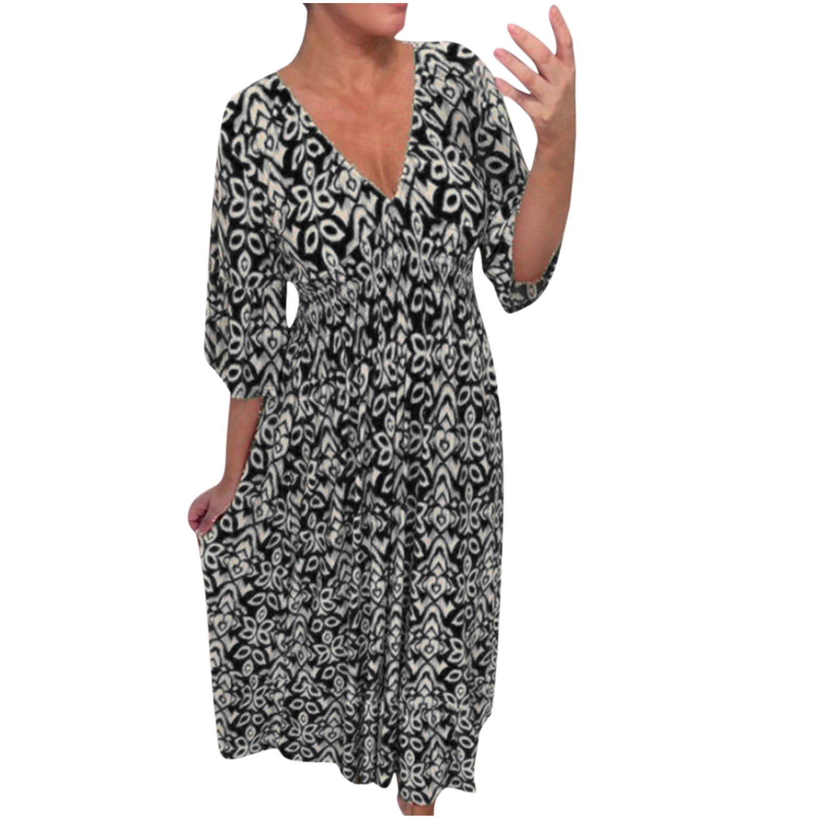 fartey 3/4 Sleeve Maxi Dress for Women Plus Size Deep V Neck Long Dresses  Casual Flowy Vintage Print Sundress Tunic Pleated Beach Holiday Sun Dresses,  S-5XL - Walmart.ca
