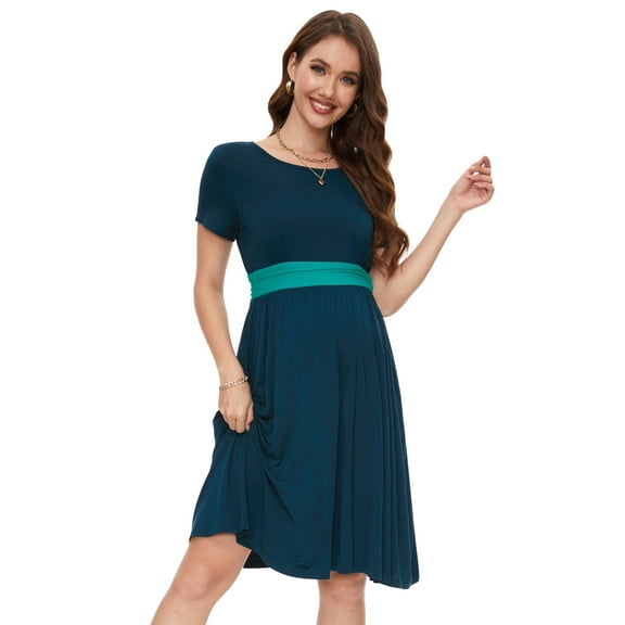 Women's Summer Maternity Dress Short Sleeve Pleated Waist Dress with Pockets