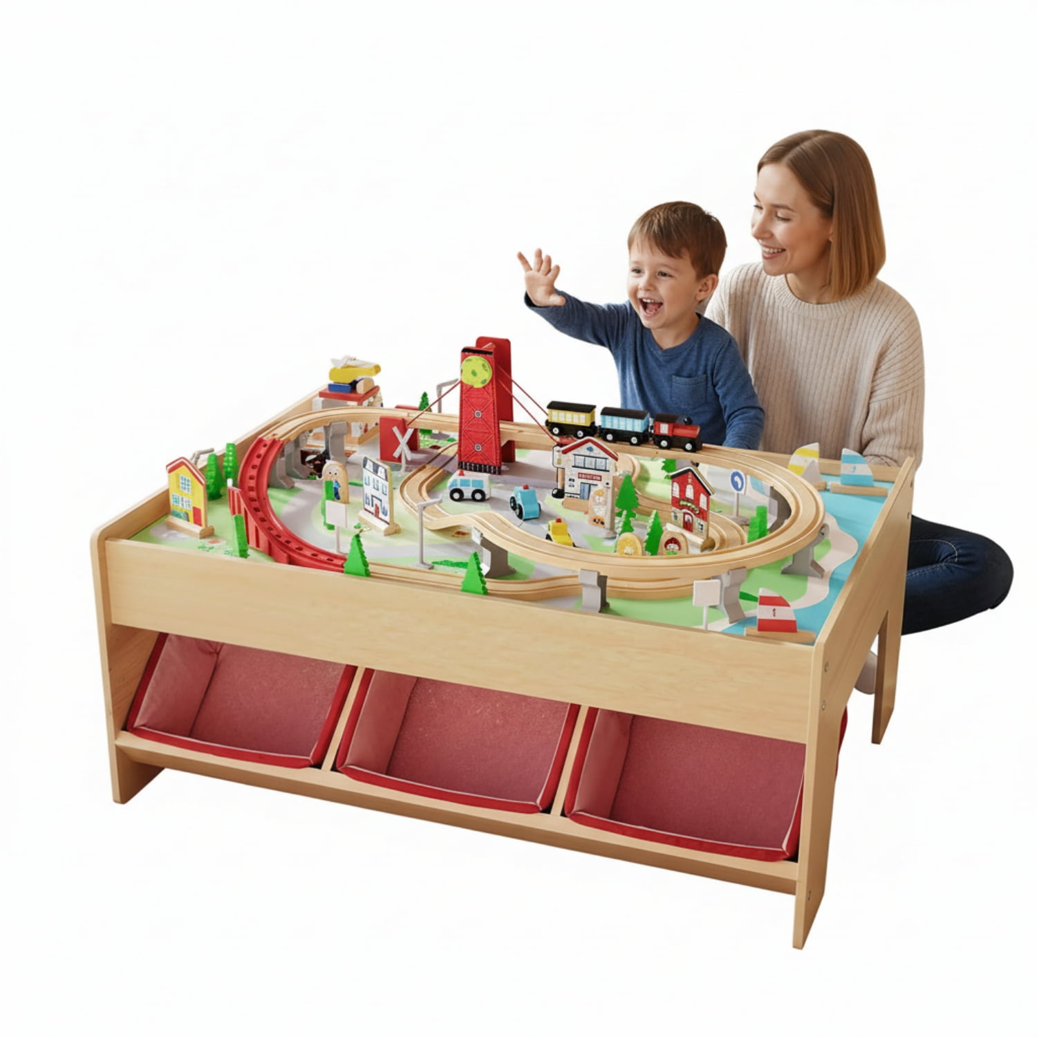 COSTWAY 94Pcs Table Circuit De Train En Bois 2 En 1 Avec Plateaux Réversibles Et Tiroirs