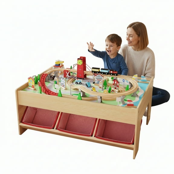 Garvee Wooden Train Table, 92 Piece Multicolor, 3 Storage Bins, 36.22 x 25.2 x 15.75"
