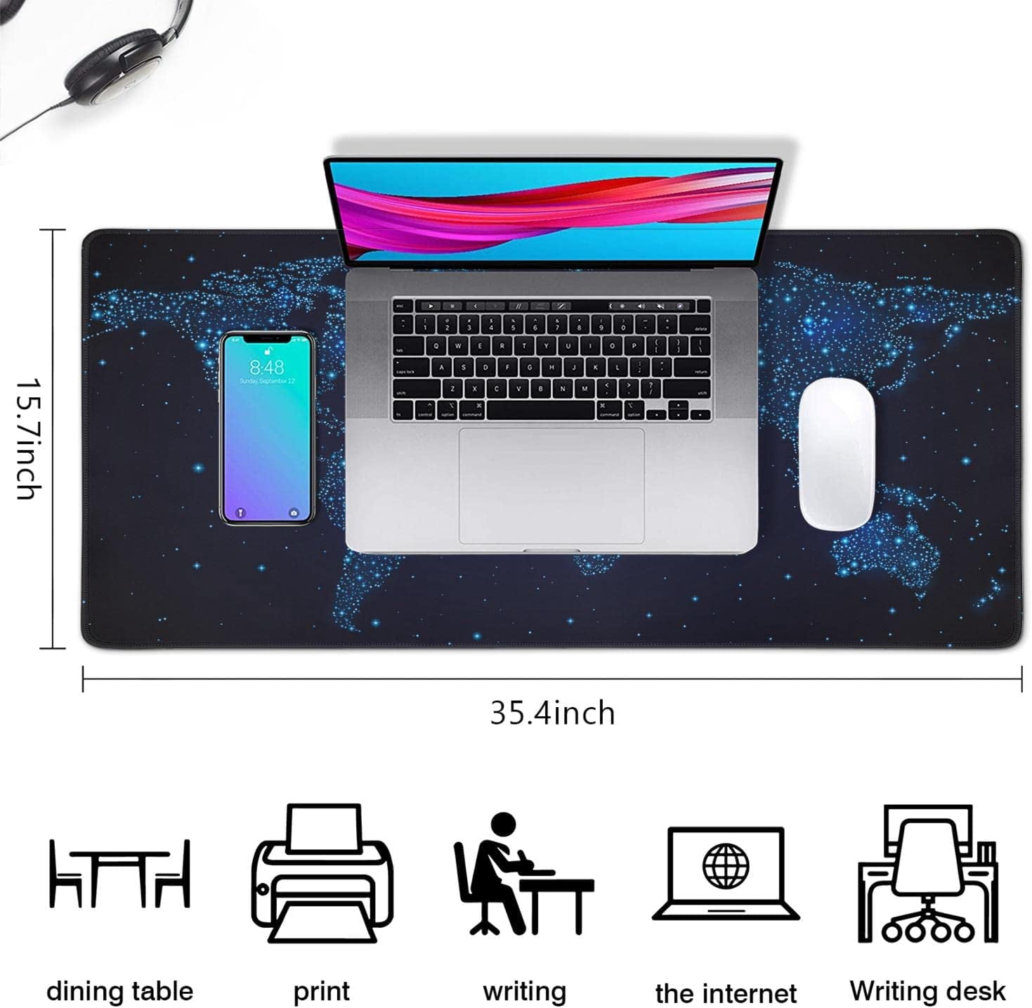 Stars World map Extended Gaming Mouse Pad (35.4x15.7 in) Large Non-Slip Rubber Base Computer mat for Desk with Stitched Edges Full Desk Mousepad XXXL