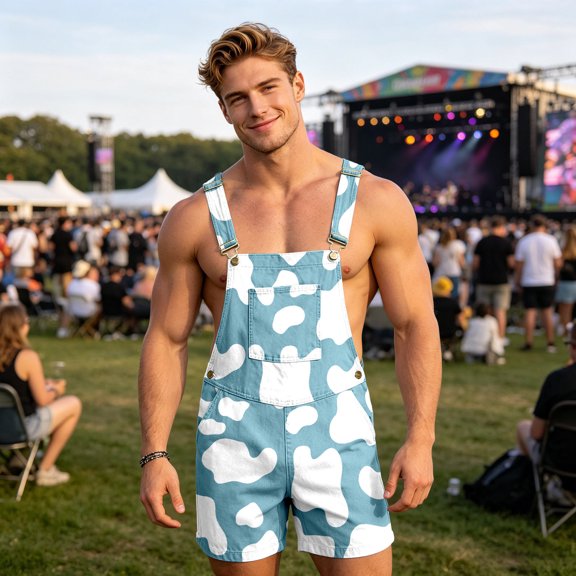 Men's Cow Print Denim Overall Shorts â Fun Summer Beach Suspender Pants Available in Sizes XS to XXXXXL, for Parties and Festivals