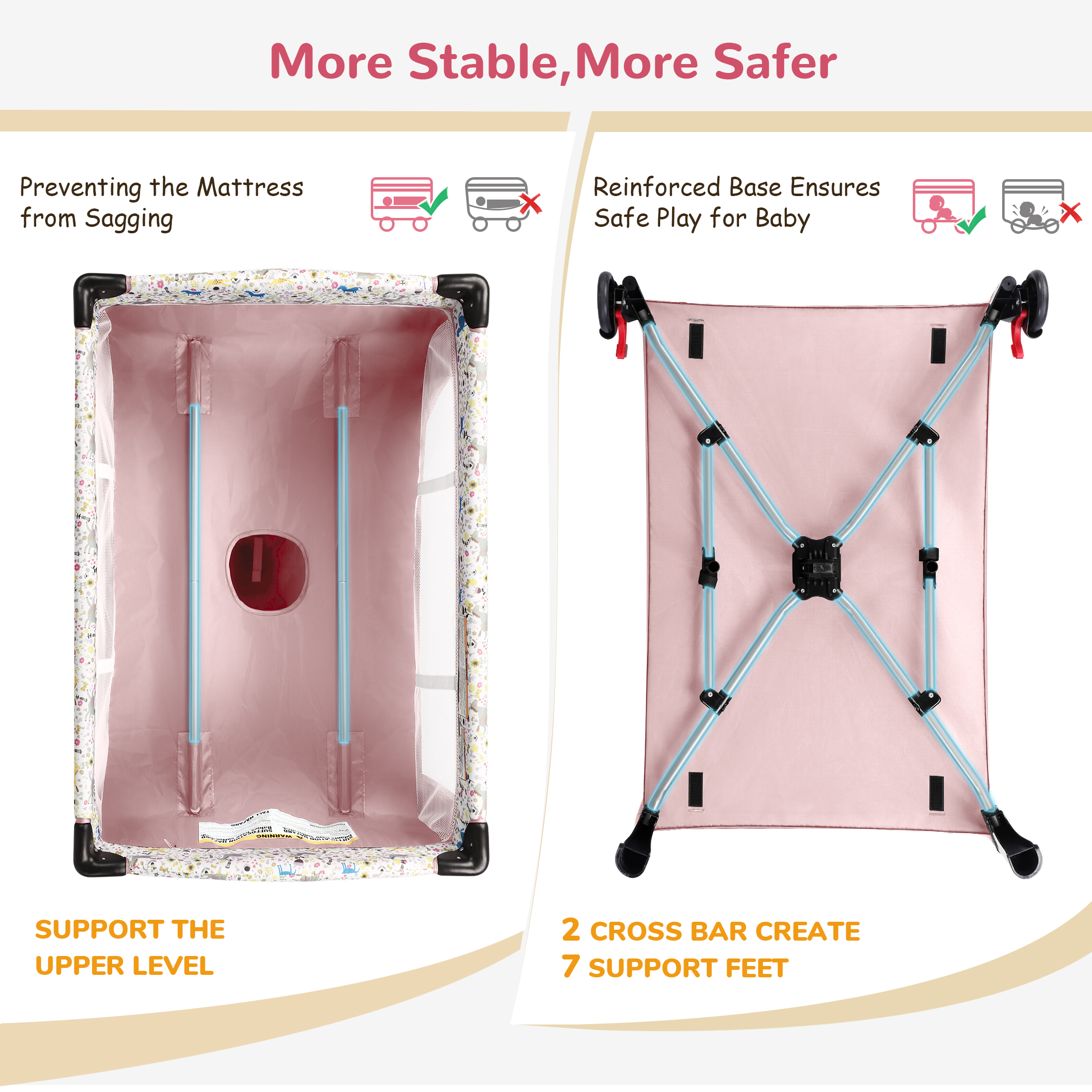 Vipuse Nursery Center Playard with Bassinet, Pink photo 5