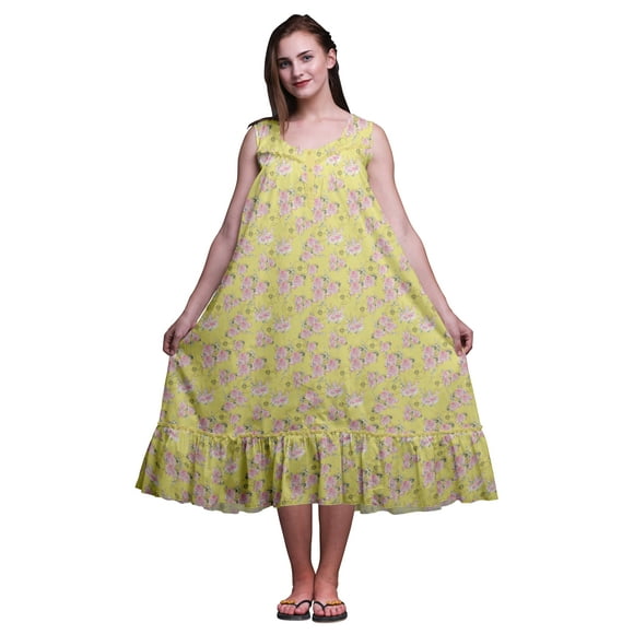 Bimba Medium Yellow4 Floral Leaves & Rose Sleeveless Night Gown For Womens Cotton Printed Nightwear Ladies Sleepwear Large