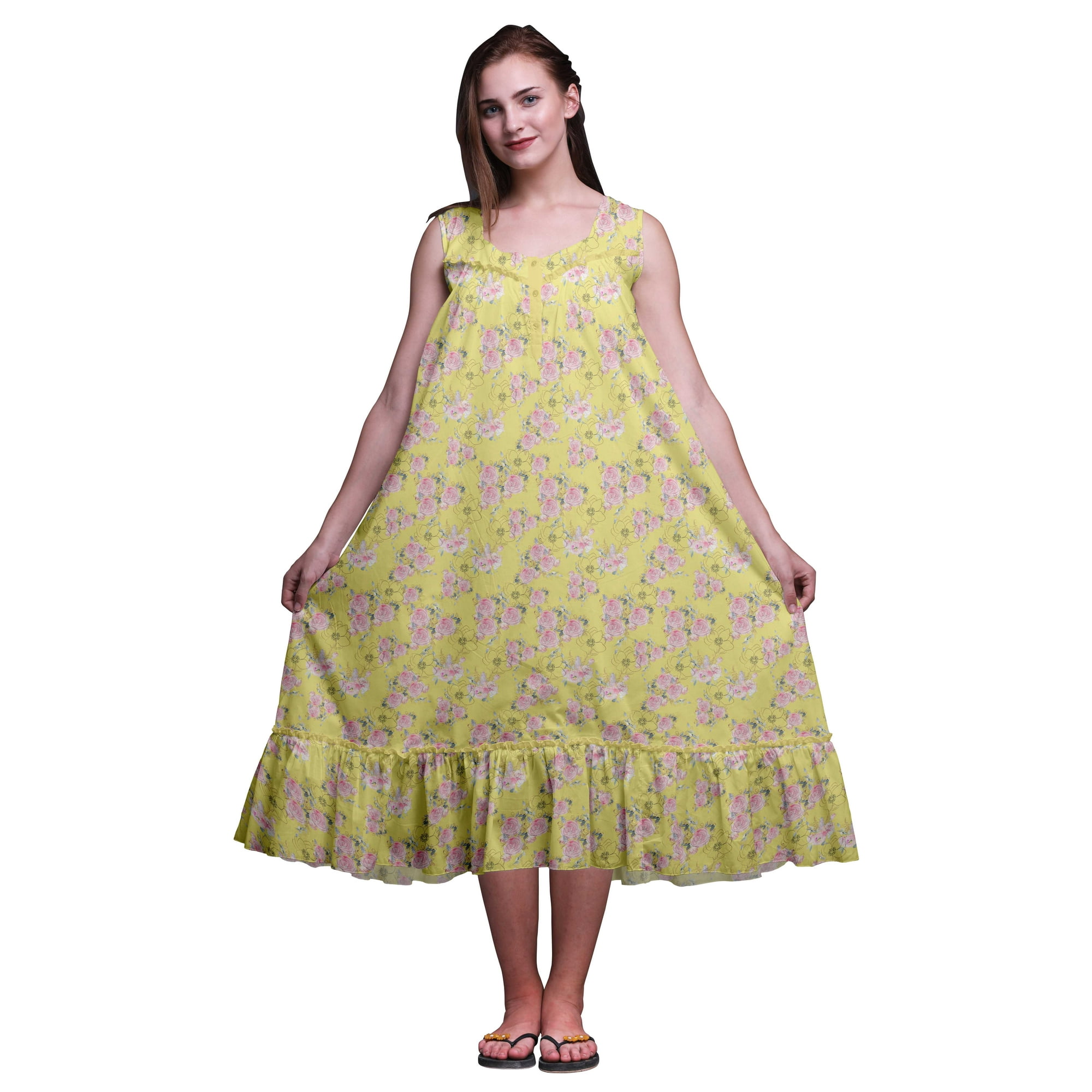 Bimba Medium Yellow4 Floral Leaves & Rose Cotton Nightgowns For Women Mid-Calf Printed Sleepwear Night Dress Medium