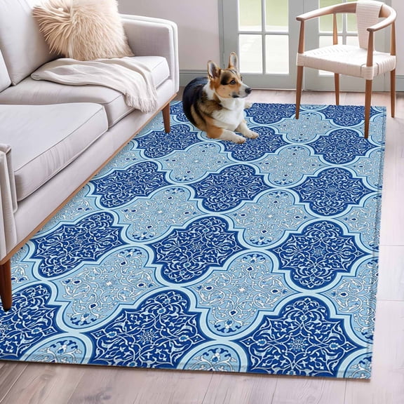 Area Rugs 2.7'x5', Blue Geometric Carpet for Living Room Bedroom Dining Room, Retro Morocco Abstract Art Throw Kitchen Rugs Non Slip Washable Rectangle Indoor Outdoor Rugs