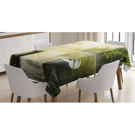 

Nature Tablecloth Boat by the Foggy Lake Deck Dreamy Forest in the Morning Country Style Image Rectangular Table Cover for Dining Room Kitchen 60 X 90 Inches Olive Green White by Ambesonne