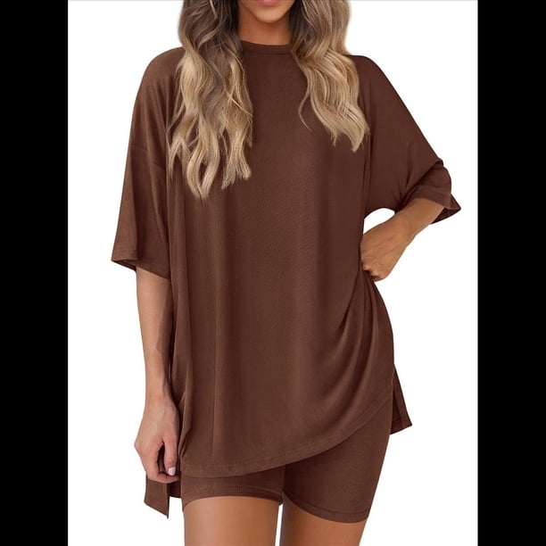 Traje Casual de Dos Piezas para Mujer, Camisa Holgada de Verano, Pantalones Cortos de Ciclismo, Ropa de Viaje para el Aeropuerto. Color Café L