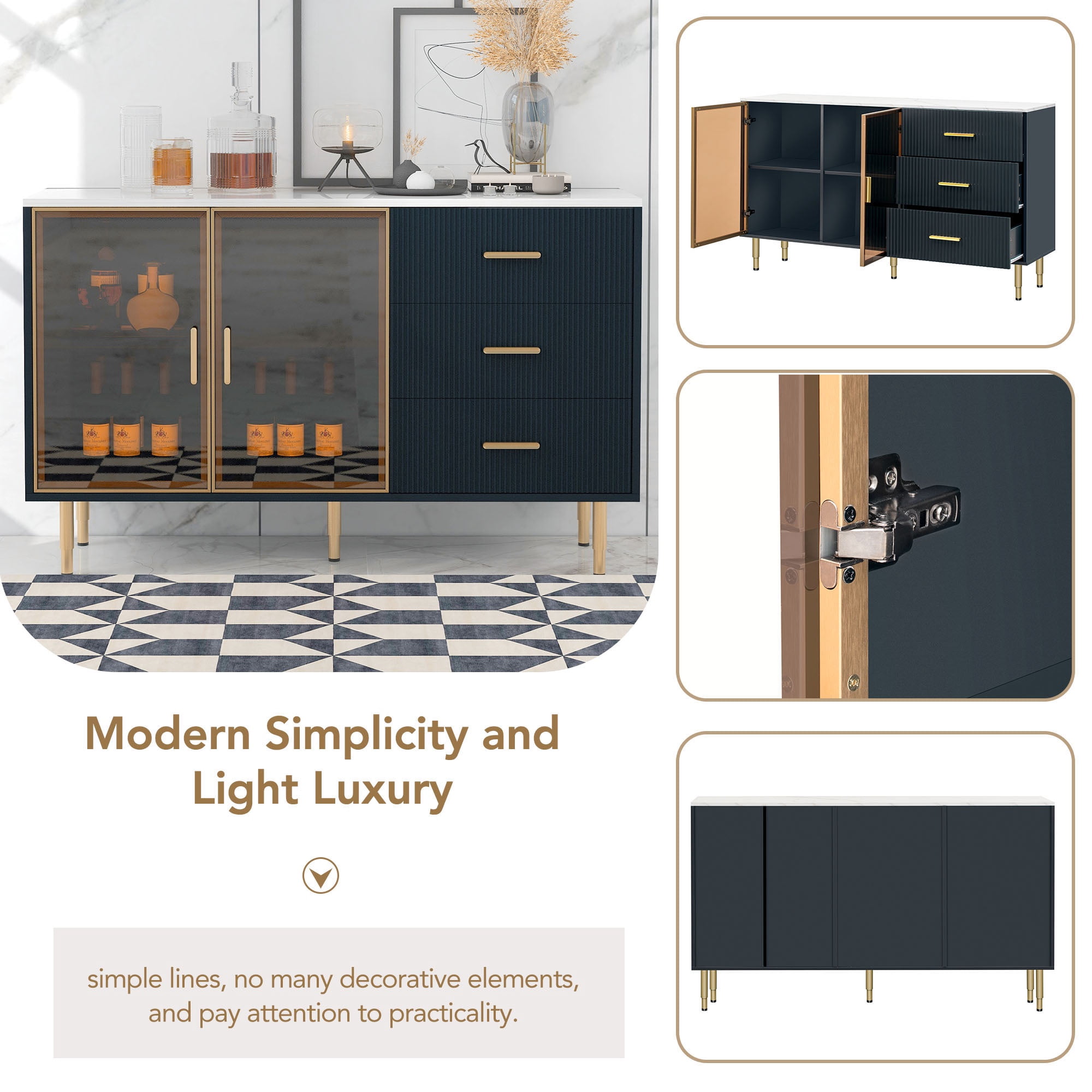 PORKISS Sideboard Cabinet, Wood Sideboard Buffet Cabinet with Marble Sticker Tabletop and Amber-yellow Glass Doors, Modern Storage Cabinet with Metal Legs and Handles, Navy Blue
