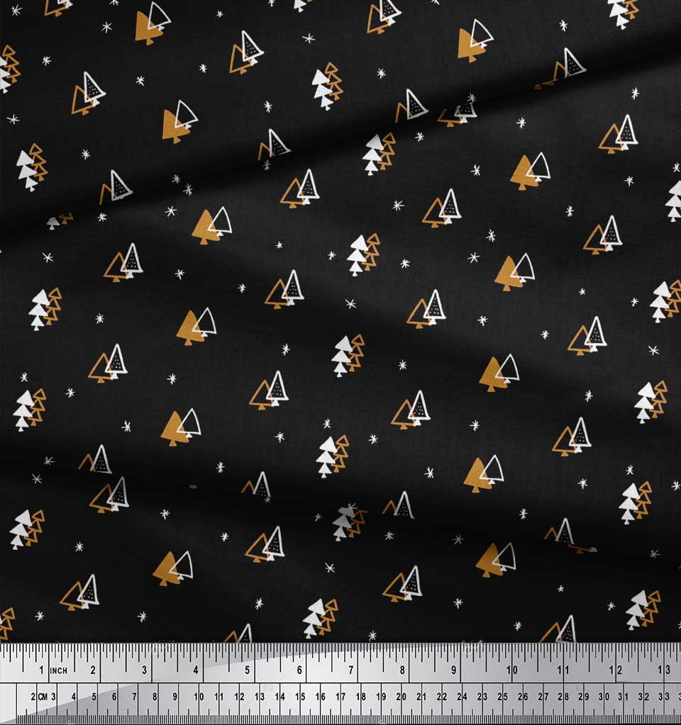 Soimoi Black Poly Georgette Fabric Tree Christmas Printed Fabric 1 Yard 42 Inch Wide