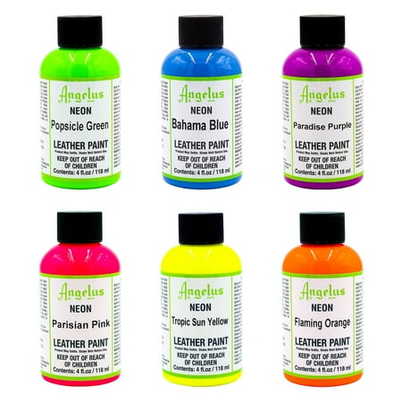 Angelus 4oz Neon Leather Paint 6 Pack Starter Kit Set For Paint  Shoes  Boots  Jackets  Shirts  Art  Crafts  & More C80