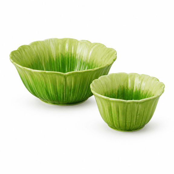 YUNDO Green Glass Dessert Bowls Set of 2, 17 oz and 8.8 oz Flower Shaped Fruit Bowls for Ice Cream, Yogurt and Snacks, Dishwasher & Microwave Safe