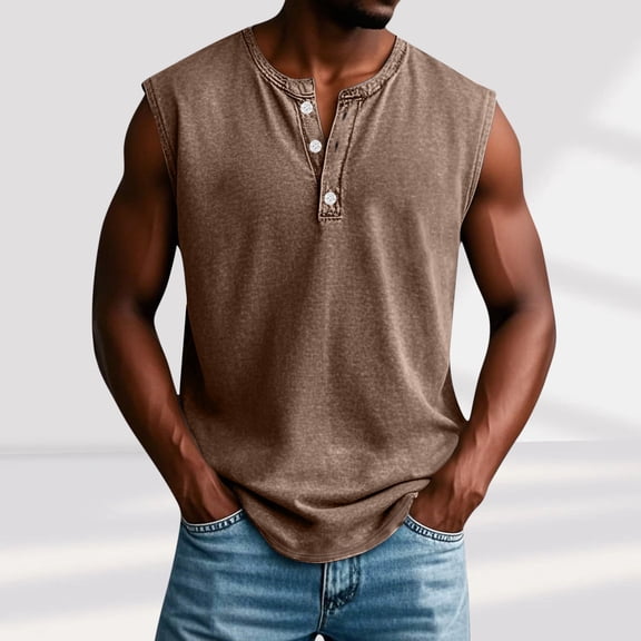 UQJfacai Sleeveless Shirts for Men Distressed Washed Tank Tops Henley Button Down V Neck Shirt Vintage Solid Tee Tops with Pocket M-3XL
