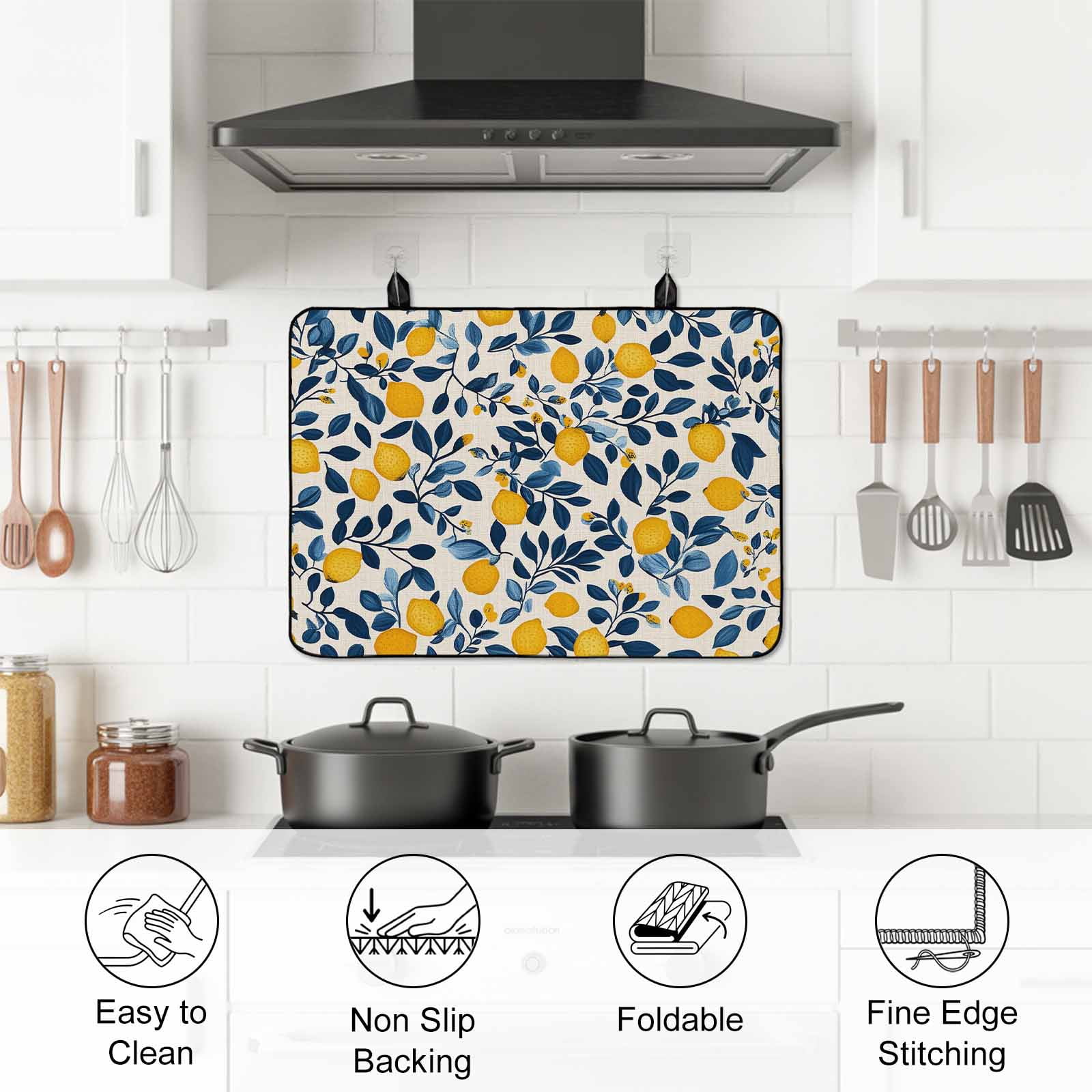 Lemon Summer Stove Top Cover for Electric Stove, Heat-proof & Non Slip Glass Top Stove Cover Protector, Spring Pastoral Watercolor Fruit Leaf Kitchen Flat Cooktop Rubber Mat 24x21 Inches